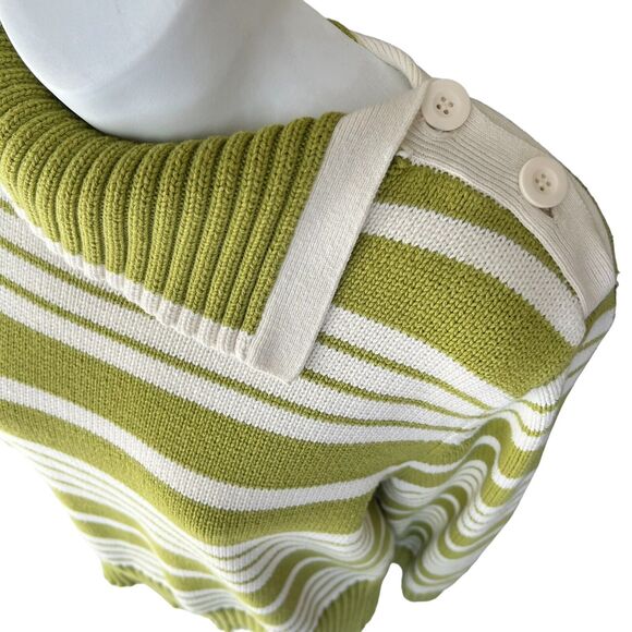 Green Ivory Stripe Sweater Womens Large Nautical Knit Buttons Classic Preppy Vtg - Picture 2 of 13